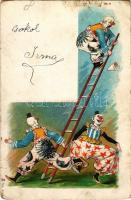 Clowns, circus acrobats. No. 6508. litho (worn)