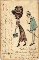 Lady with barrel hat in her head. Fashion humour. K.V.T. Bp. s: Posner