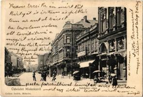 1903 Miskolc, Széchenyi utca, utcai árusok, Grand Hotel Nagy szálloda, üzletek. Gedeon András kiadása