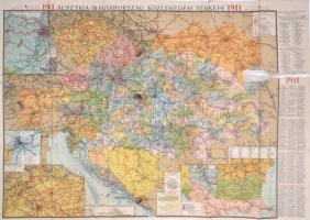 1911 Ausztria-Magyarország közlekedési térképe, színes, litografált térkép, 1:1.500.000, 1912-es naptárral. Wien, Freytag G.&Berndt, szakadással, 75x100 cm.