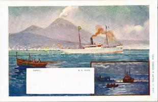 SS BUDA, Arpád/1892 típusú, egycsavaros tengeri áruszállító gőzhajó Nápolyban / SS BUDA, Hungarian single screw sea-going steam freighter in Napoli (Naples). LII-8. Philipp & Kramer, Wien s: Kircher