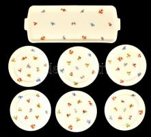 Zsolnay virágmintás porcelán süteményes, matricás, jelzett, kopásnyomokkal, 6+1 db