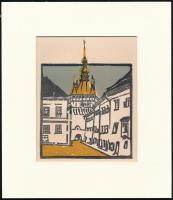 Kós Károly (1883-1977): Város, színes linómetszet, papír, jelzés nélkül, paszpartuban, 15×12 cm