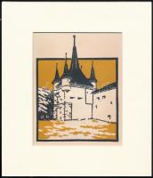 Kós Károly (1883-1977): Tornyok, színes linómetszet, papír, jelzés nélkül, paszpartuban, 15×12 cm