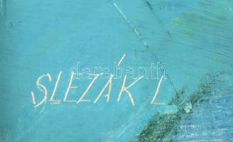 Slezák Lajos (1951-2005): Mozgásban, olaj, farost, jelzett, keretben, 30×20 cm