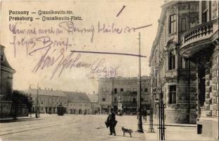 1914 Pozsony, Pressburg, Bratislava; Grasalkovits tér, villamos / square, tram
