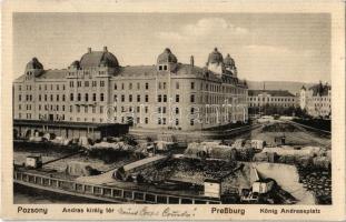 1913 Pozsony, Pressburg, Bratislava; András király tér, útépítés, rakpart / square, quay, road construction