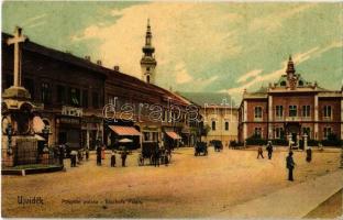 1912 Újvidék, Novi Sad; Püspöki palota, tér, Kereszt, Raab Károly üzlete, lovaskocsi / square, Cross, bishops palace, shops, horse cart