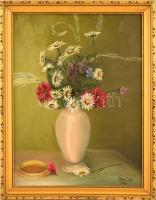 Erőss jelzéssel: Virágcsendélet. Olaj, farost,keretben, 38×29 cm