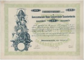 Kunszentmiklós 1927. Kunszentmiklós-Dabas-Szabadszállási Takarékpénztár huszonöt részvénye egyben összesen 250P-ről, szárazpecséttel, szelvényekkel T:II
