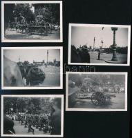 1937 Az olasz király budapesti látogatása alkalmából rendezett katonai díszszemléről, 5 db fotó, hátoldalon feliratozva, jó állapotban, 4,5×6,5 cm