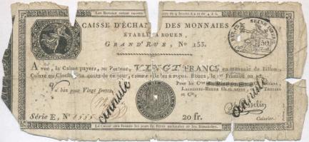 Franciaország / Rouen 1797-1803. 20Fr annulé (érvénytelen) felülbélyegzéssel (2x) T:IV  France Rouen 1797-1803. 20 Francs annulé (cancelled) (2x) C:G Krause S245a