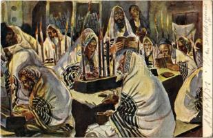 Jewish men praying, rabbi. Judaica art postcard, Edition Stella Bochnia No. 1365. s: Zurawski