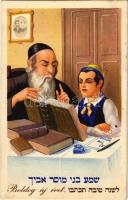 Zsidó újévi üdvözlőlap, Héber nyelvű szöveg, rabbi / Jewish Hebrew New Year greeting art postcard with rabbi