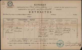 1887 Szentlőrinckáta, születési anyakönyvi kivonat, 50 kr okmánybélyeggel