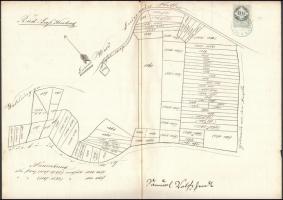 1862 Földbirtok kézzel rajzolt telektérképe, 15 kr okmánybélyeggel