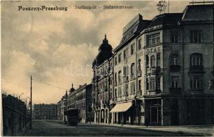 1917 Pozsony, Pressburg, Bratislava; Stefánia út, Deák szálló, villamos. Sudek Antal kiadása / Stefaniestrasse / street view with hotel and tram