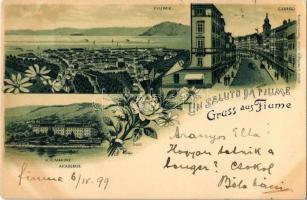 1899 Fiume, Rijeka; Corso, K.k. Kriegsmarine Marineakademie / promenade, Austro-Hungarian Navy academy. floral, Art Nouveau, litho