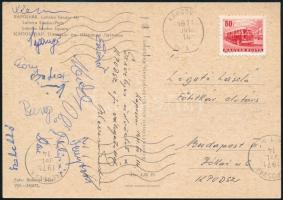 1971 Tulipán Mihály és Tagányi Árpád válogatott labdarúgók és mások aláírásai levelezőlapon