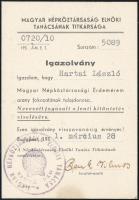 1951 Magyar Népköztársaság Érdemérem arany fokozat adományozó Hartai László (1925-1987) későbbi legfelsőbb bíró részére