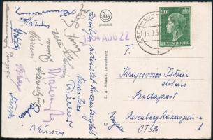 1954 a Vasas Izzó labdarúgóinak (Bárfy, Kéri, Kovács, stb.) aláírásai levelezőlapon