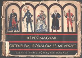 cca 1938 Képes magyar történelem, irodalom és művészet, a Szent István Cikóriagyár matricagyűjtő albuma, számos matricával, nem teljes