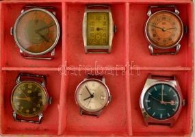 15 db karóra, közötte ezüst tokos is. Mind javításra szorul. 2 óratartó dobozban