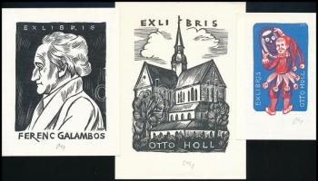 Herbert Ott (1915-1987): 3 db ex libris fametszet, jelzett / Wood engraving