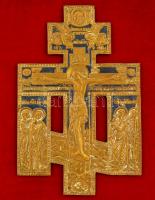 cca 1900 Orthodox feszület, zománcozott réz, fa keretben, 22×14,5 cm