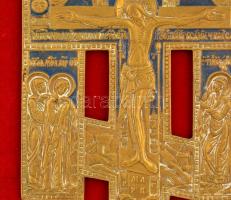 cca 1900 Orthodox feszület, zománcozott réz, fa keretben, 22×14,5 cm