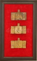 cca 1900 3 db orthodox utazó triptychon, réz, fa keretben, 7×9,5 cm