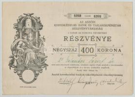 Aszód 1922. "Az Aszódi Kereskedelmi Bank és Takarékpénztár Részvénytársaság" két, névre sz...