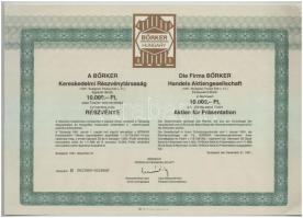 Budapest 1991. "A BŐRKER Kereskedelmi Részvénytársaság" bemutatóra szóló részvénye 10.000F...