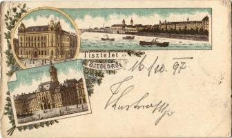 1897 (Vorläufer!) Szeged, Posta, Városháza, Tisza. Art Nouveau, floral, litho (gyűrődés / crease)