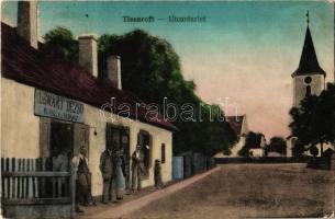 1918 Tiszaroff, utcakép, Református templom, Lénárd Dezső borbély és fodrász üzlete és saját kiadása (EK)