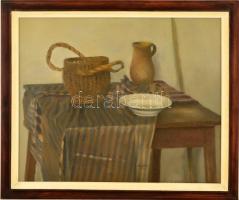 Győrffy Péter (1949-): Asztali csendélet. Olaj, vászon, jelzett, keretben, 50×60 cm