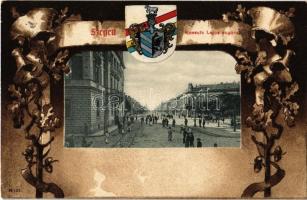 Szeged, Kossuth Lajos sugárút. Címeres szecessziós művészlap / Art Nouveau, Emb. (EK)