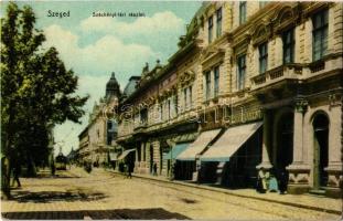 1910 Szeged, Széchenyi téri részlet, Lányi Lajos cukrászat, Temetkezési intézet, Weber Mátyás üzlete, villamos (EK)