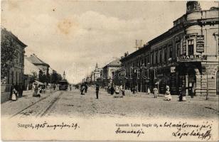 1905 Szeged, Kossuth Lajos Sugár út, villamos, Equitable életbiztosító társaság, Farkas és Imre üzlete