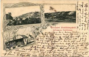1904 Rudabánya, Rudóbánya; látkép, téli utcakép, Vasércbánya, bányatelep. Art Nouveau, floral