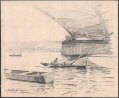 Pataky Ferenc(1897-?): Halászok a Margit híd alatt. Ceruza, papír, jelzett, 24×30 cm