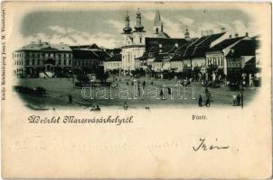 1899 Marosvásárhely, Targu Mures; Fő tér, Takarékpénztár, üzletek, Római katolikus templom. Kiadja Reichardsperg József / main square, savings bank, shops, Catholic church (EK)