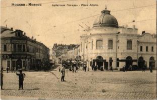 1909 Moscow, Moscou; Place Arbate / Arbat square, shops, tram, policeman