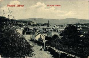 1912 Zilah, Zalau; látkép, templomok. W. L. Bp. 2331. Kiadja a Szövetség könyvnyomda / general view with churches (EB)