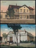 2 db RÉGI burgenlandi városképes lap: Pándorfalu vasútállomása és Királyhida nyári színháza / 2 pre-1945 Austrian town-view postcards from Burgenland: Parndorf Bahnhof (railway station), Bruckneudorf Theater