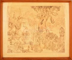 Szabó Vladimir (1905-1991): Vásár, rézkarc, papír, jelzett, foltos, üvegezett fa keretben, 49×57 cm