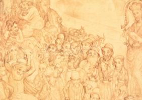 Szabó Vladimir (1905-1991): Vásár, rézkarc, papír, jelzett, foltos, üvegezett fa keretben, 49×57 cm