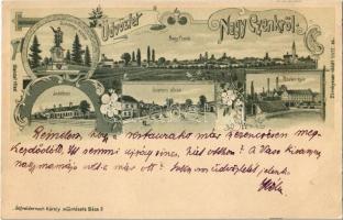 1902 Nagycenk, Széchenyi szobor, Soproni utca, indóház, vasútállomás, Cukorgyár. Schwidernoch Károly, Art Nouveau, floral, litho