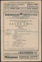 1926 Sauer Emil zongoraestélye. Hangverseny prospektus reklámokkal 4p.