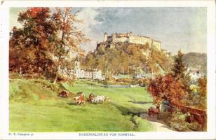 1915 Salzburg, Hohensalzburg von Nonntal / castle, valley, Künstlerpostkarte Kollektion Kerber Nr. 42. s: E. T. Compton